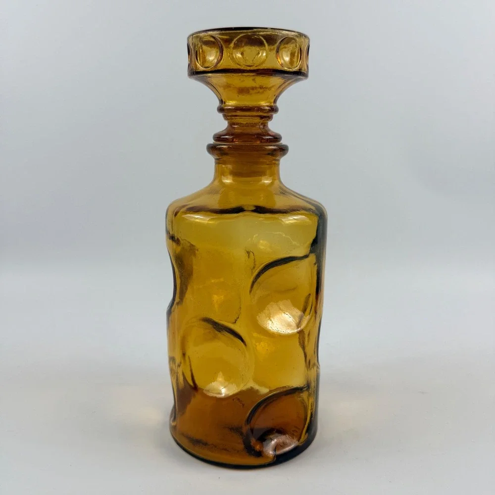 Vintage Empoli Amber Embossed Circle Glass Decanter Original Stopper Italy